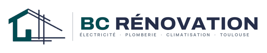 Logo BC Rénovation avec maison stylisée, services électricité, plomberie et climatisation à Toulouse.
